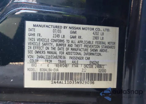 2005 Nissan Altima 2.5 S from USA, damaged, VIN 1N4AL11D35N929036